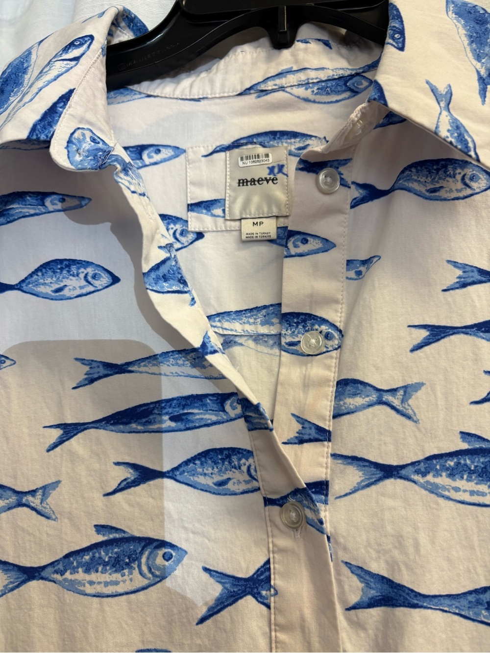Maeve Bettina White & Blue Fish-Print Tiered Shirt Dress - Picture 7 of 13